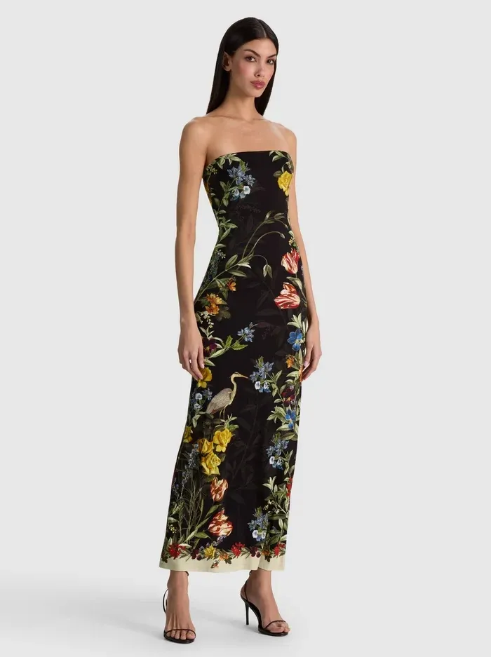 DELORA STRAPLESS MIDI DRESS, Color: DESERT SPRIGS BLACK, SIZE: 2