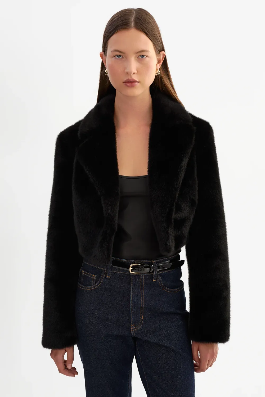 CARLIE FAUX FUR CROPPED BLAZER, Color: BLACK, SIZE: XS