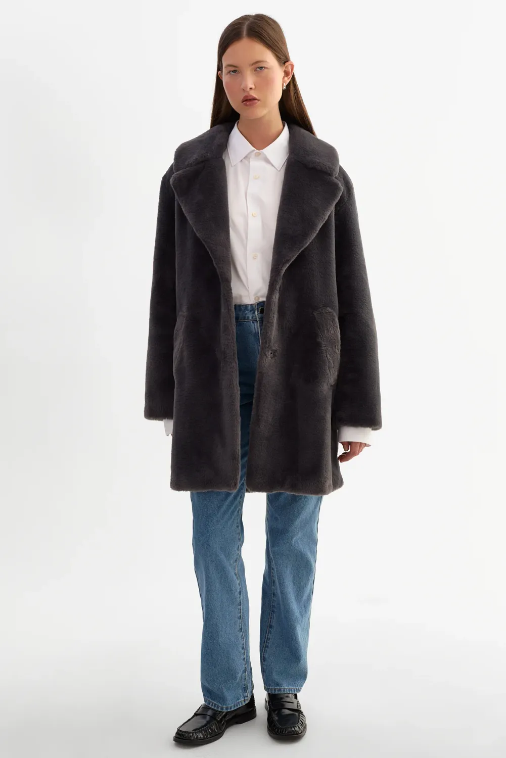 LINNEA FAUX FUR COAT, Color: CHARCOAL, SIZE: XS
