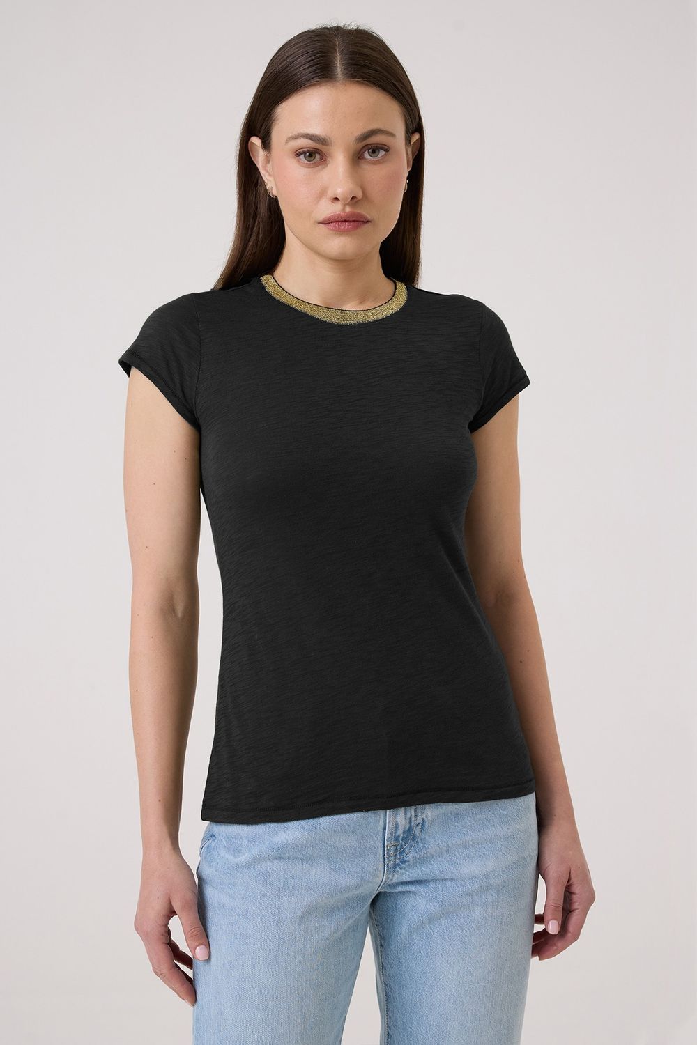 METALLIC TIPPED RINGER TEE, Color: BLACK GOLD METALLIC TIPPED, SIZE: XS