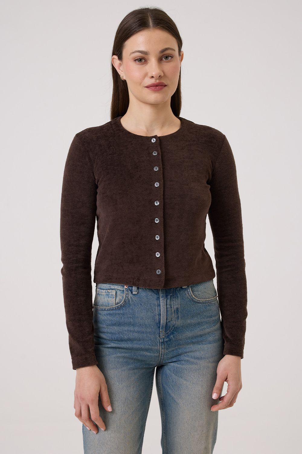 VELOUR CRUSH CARDIGAN, Color: COFFEE, SIZE: XS