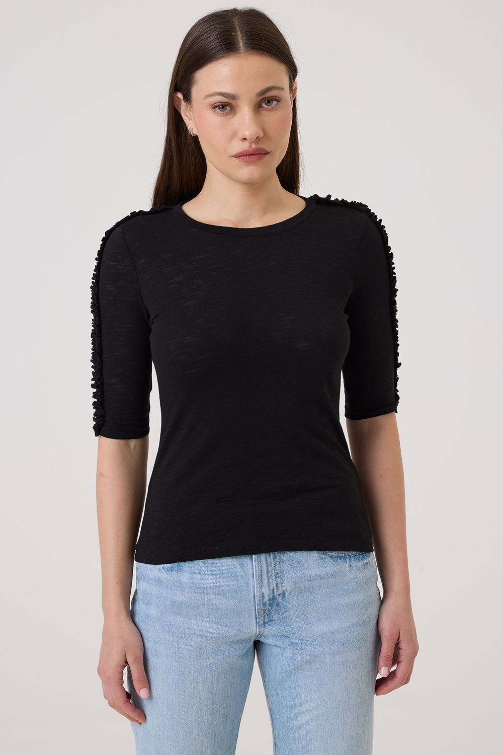 FLUTTER SLEEVE TEE, Color: BLACK, SIZE: XS