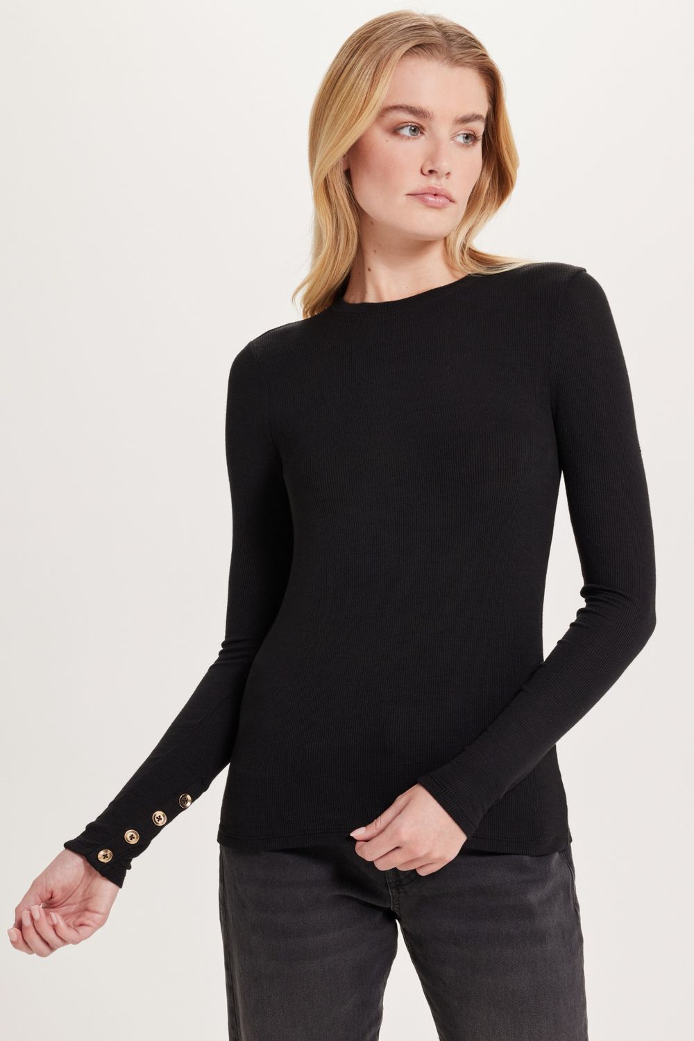 BUTTON SLEEVE CREW, Color: BLACK, SIZE: XS