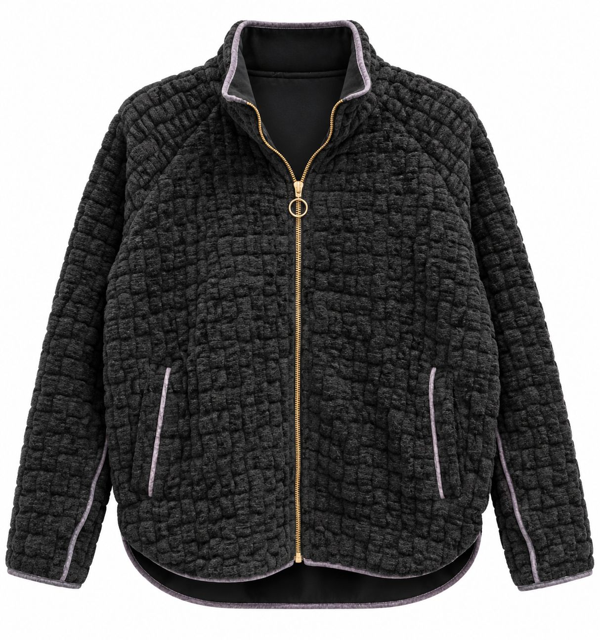 SUEDED QUILT OLLIE VELVET TRIM ZIP JACKET, Color: BLACK PEARL, SIZE: XS