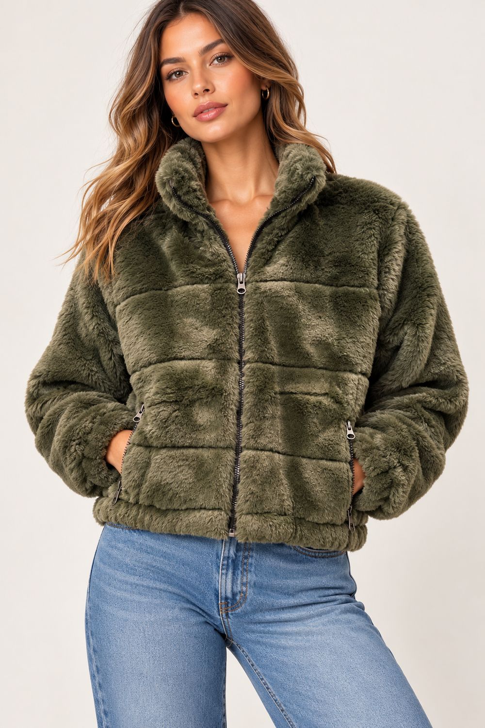 FAUX FUR BOMBER, Color: MILITARY, SIZE: XS