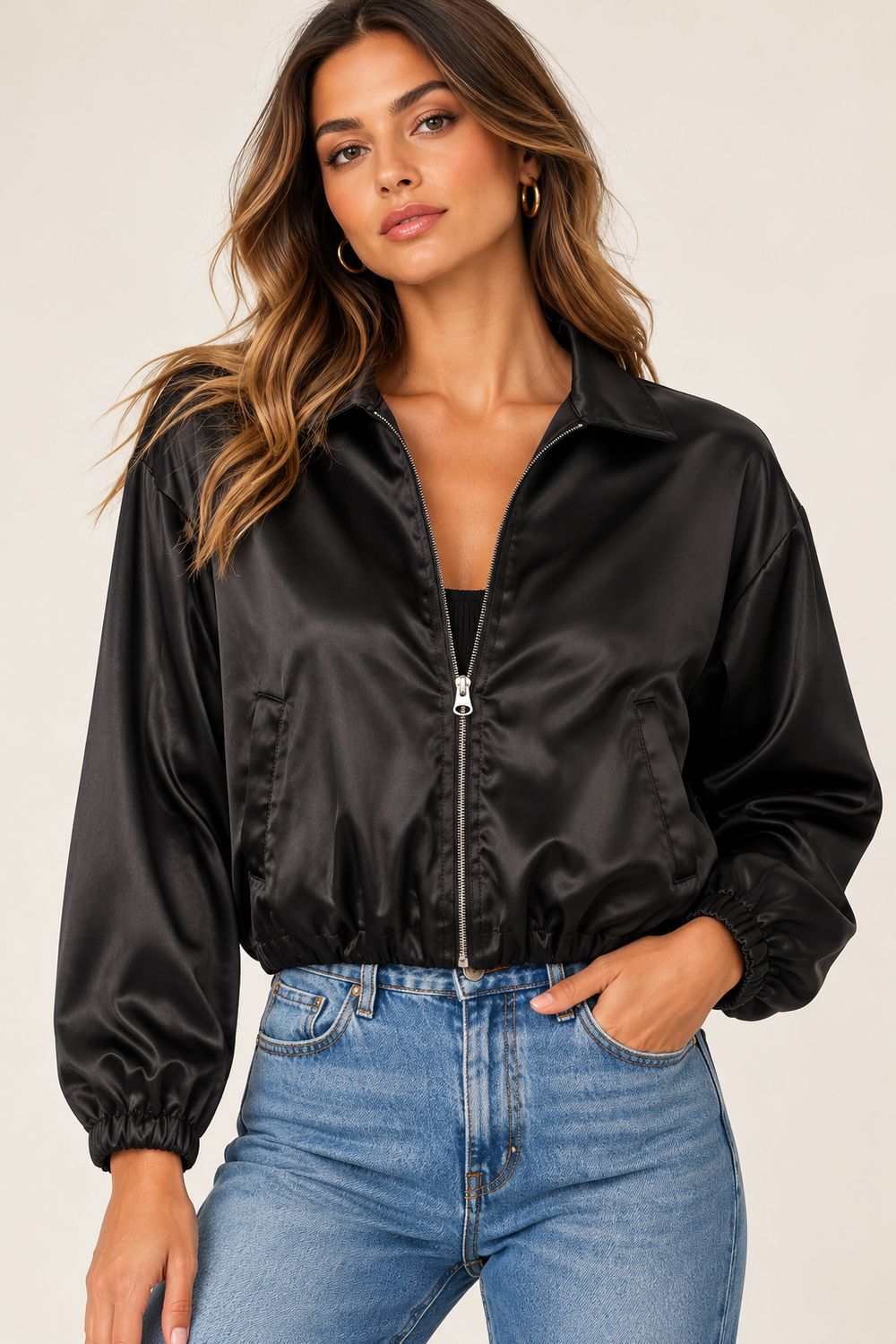 SATIN BOMBER JACKET, Color: BLACK SATIN, SIZE: XS