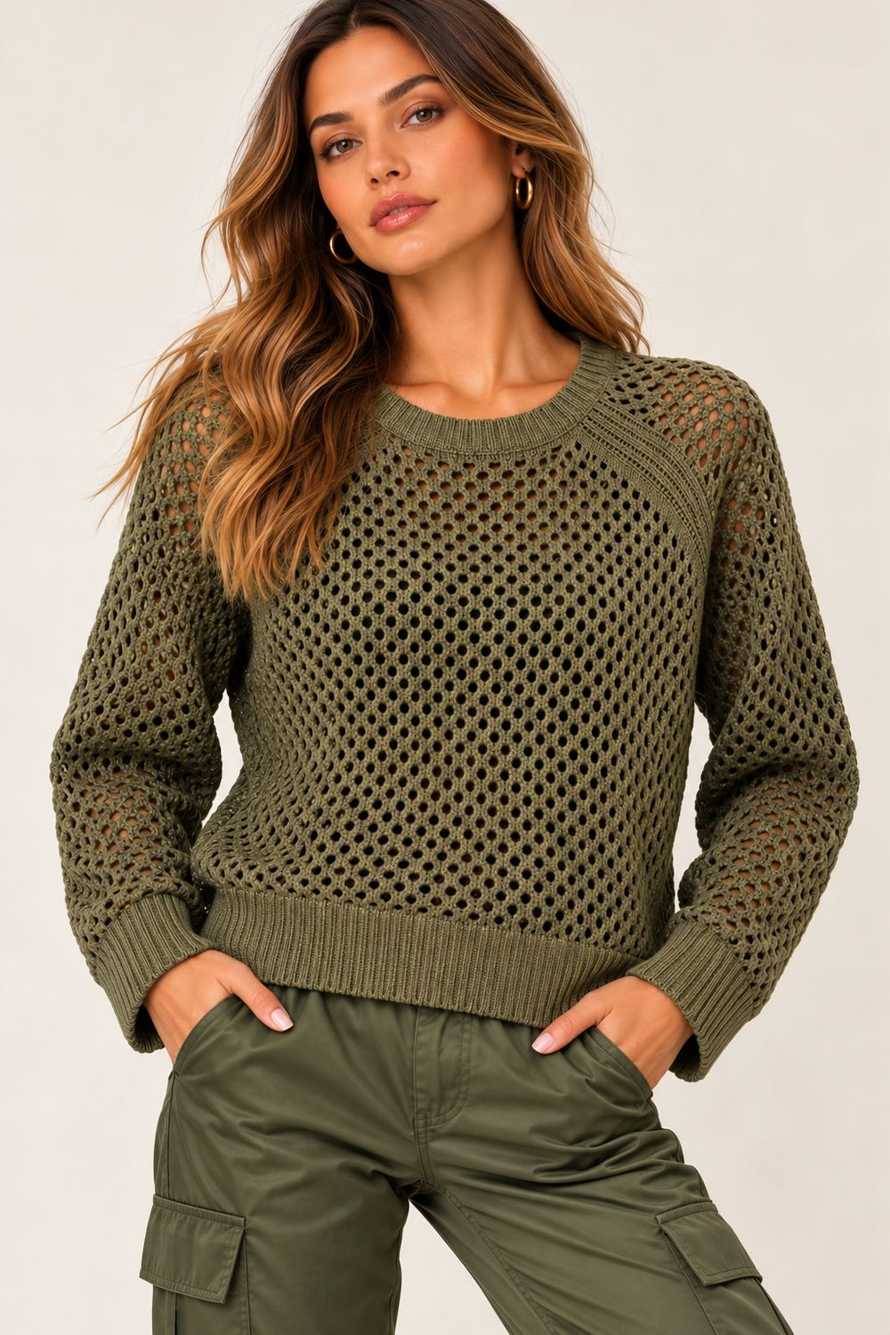 OPEN STITCH CREW, Color: MILITARY, SIZE: XS