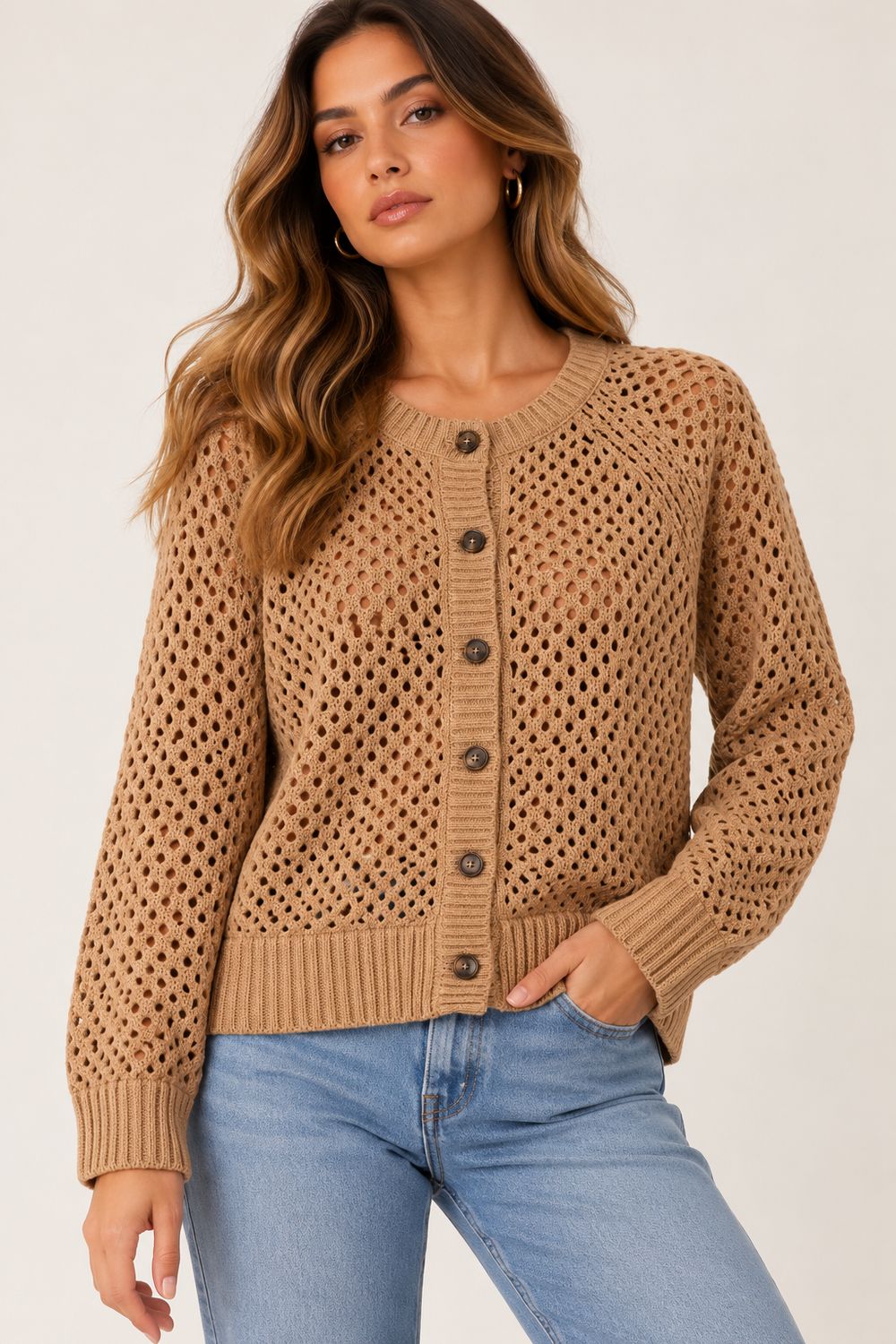 OPEN STITCH CREW CARDIE, Color: CHAMPAGNE, SIZE: XS