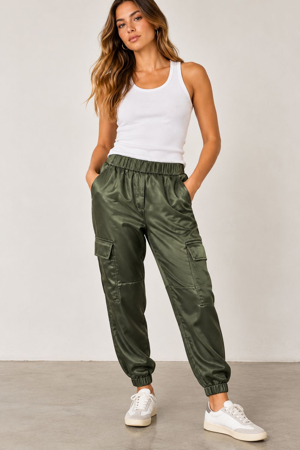 SATIN CARGO JOGGER, Color: MILITARY, SIZE: XS