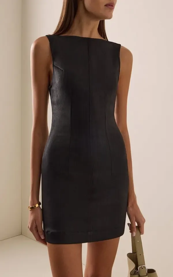 ESME BOAT NECK INSTASCULPT MINI DRESS, Color: BLACK HAWK COATED, SIZE: XS