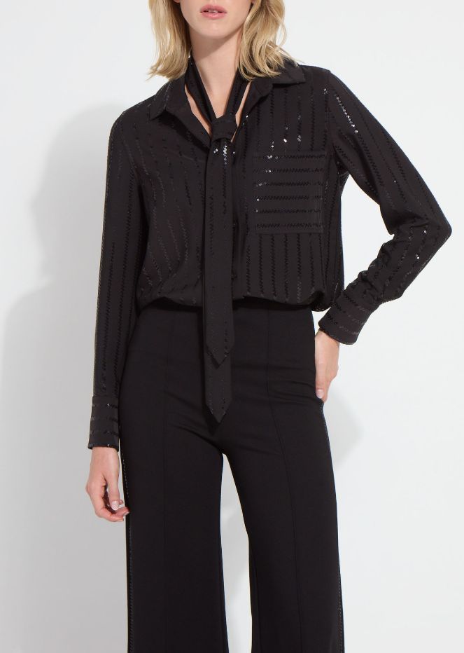 TATIANA STRIPED SEQUIN SHIRT, Color: BLACK, SIZE: XS