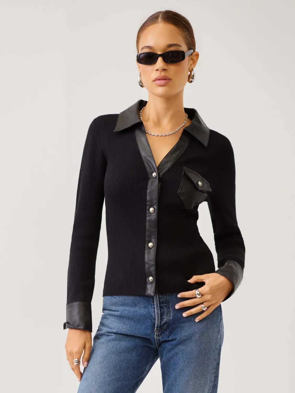 ISABELLA CONTRAST FAUX LEATHER BUTTON-UP TOP, Color: BLACK, SIZE: XS
