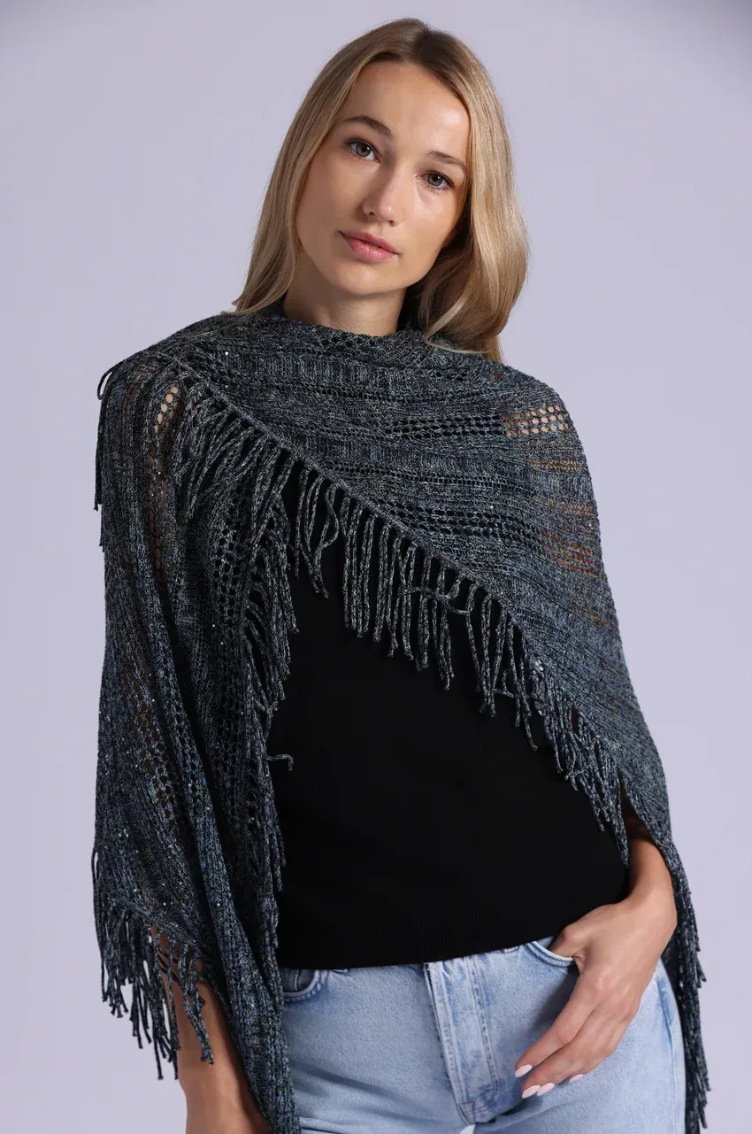 SEQUIN POINTELLE STRIPE FRINGE SHAWL, Color: MOONLIGHT, SIZE: OS