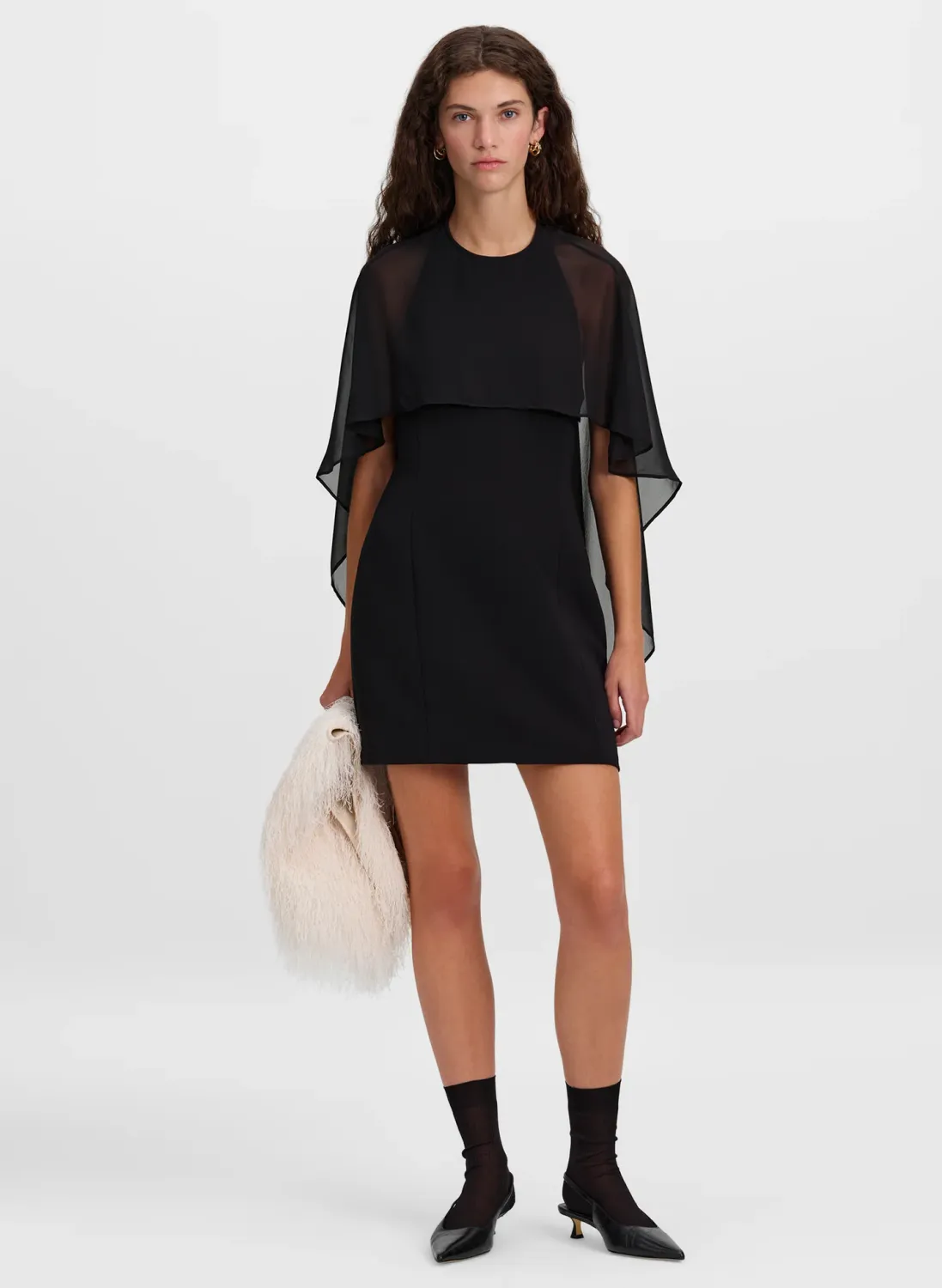 ADELA SILK CHIFFON CAPED MINI DRESS, Color: BLACK, SIZE: 0