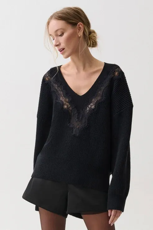 CHIARA LACE SWEATER, Color: BLACK, SIZE: XS