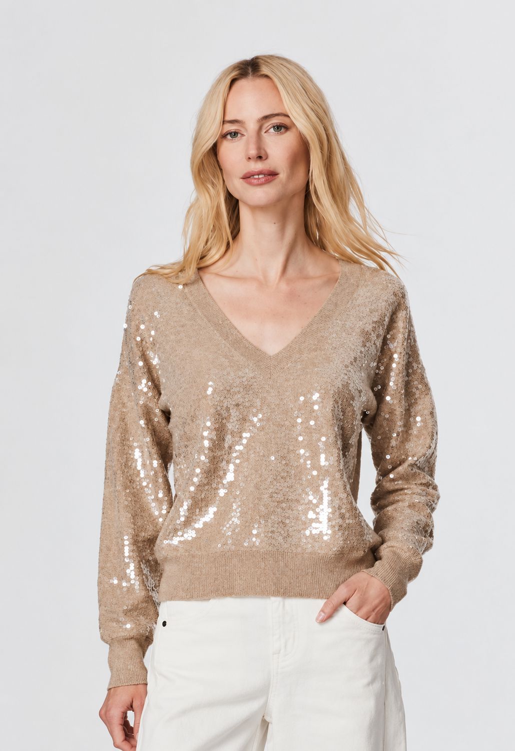 SEQUINS L/S V-NECK, Color: TAUPE, SIZE: XS