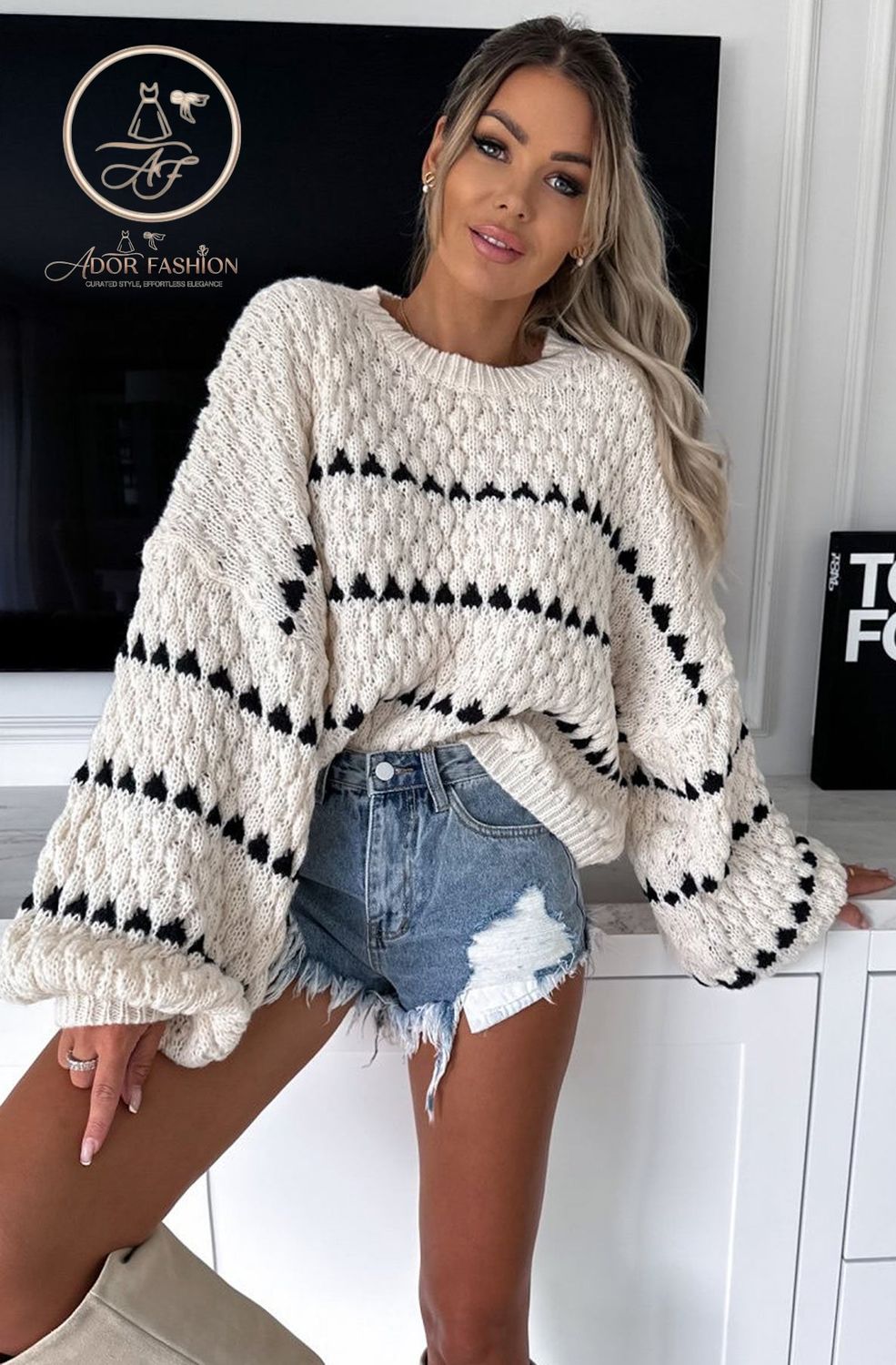 Patterned Knitted Jumper Sweater Top-Stone