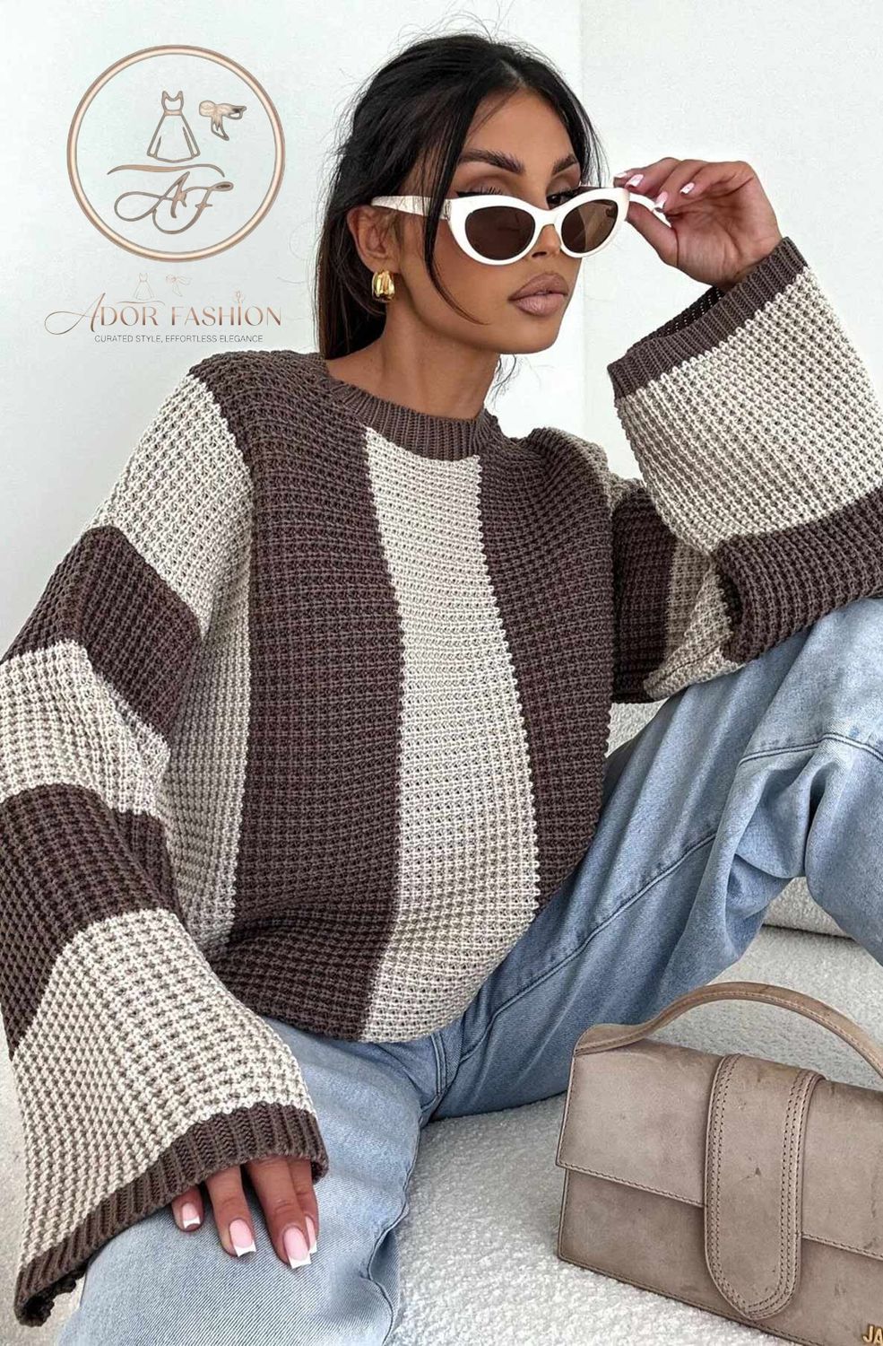 Striped Wide Sleeve Jumper-Stone
