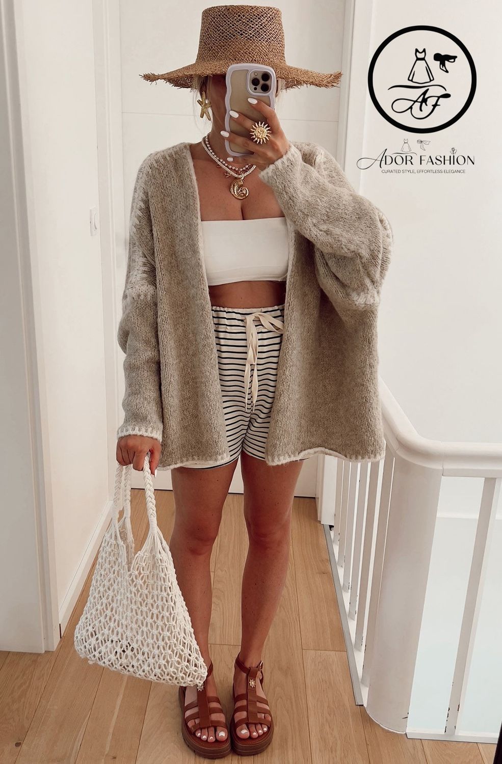 Contrast Knitted Cardigan-Stone