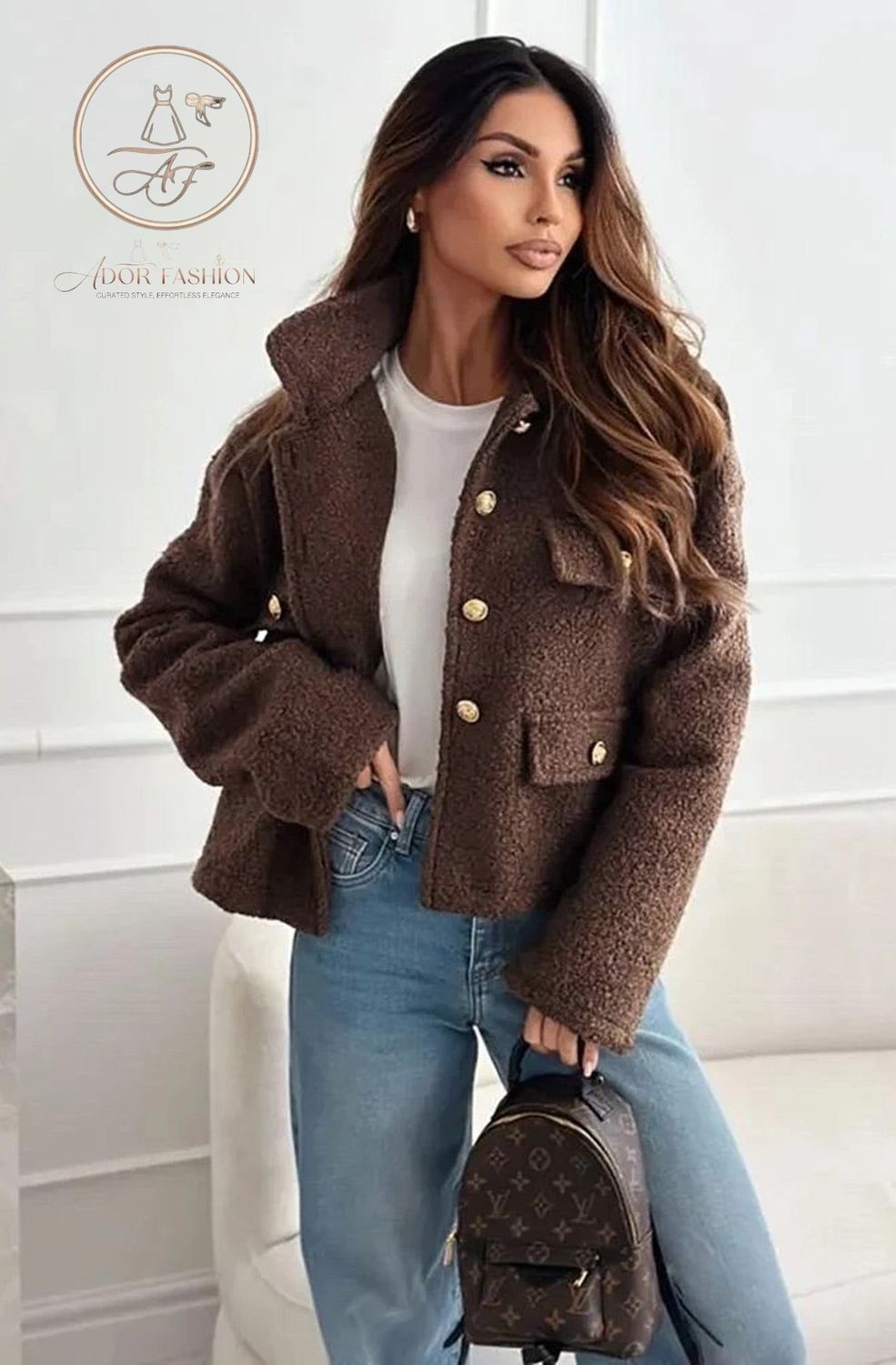 Bouclé Style Jacket- Brown