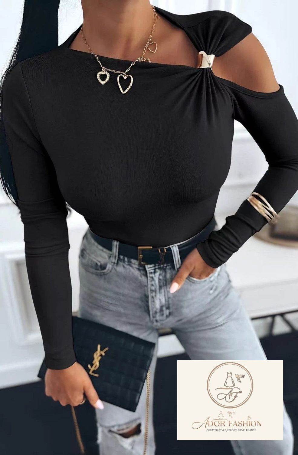 Gold Clasp Cold Shoulder Style Top-Black