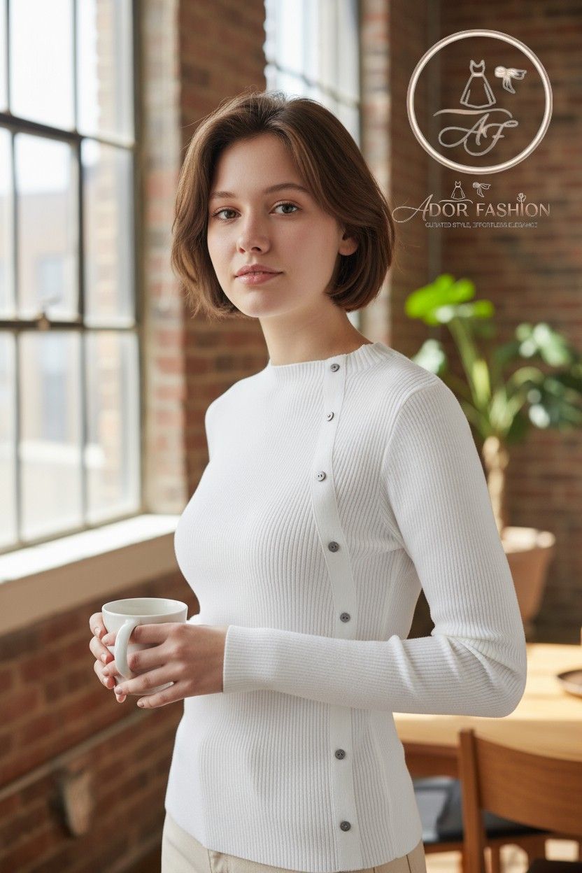 Button Detail Slash Neck Rib Top