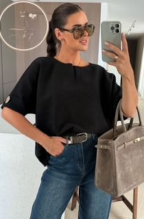 Leila Light Knitted Gold Button Blouse Top-Black