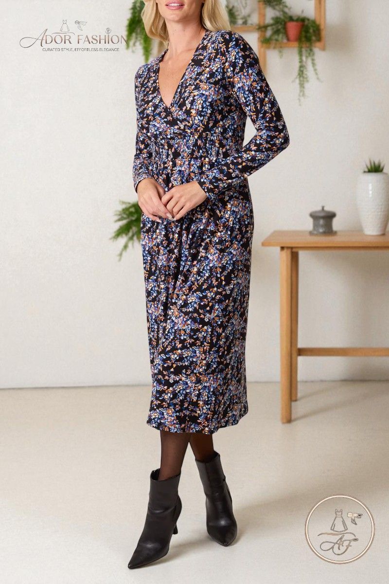 Floral V Wrap Long Sleeve Stretch Dress Floral V Wrap Long Sleeve Stretch Dress