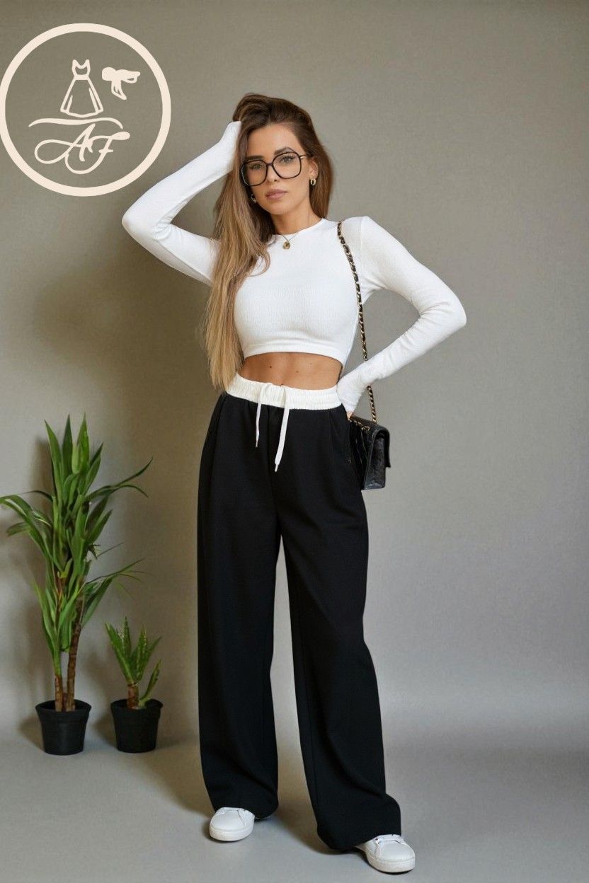 Ivy Contrast Wide Leg Trousers-Black