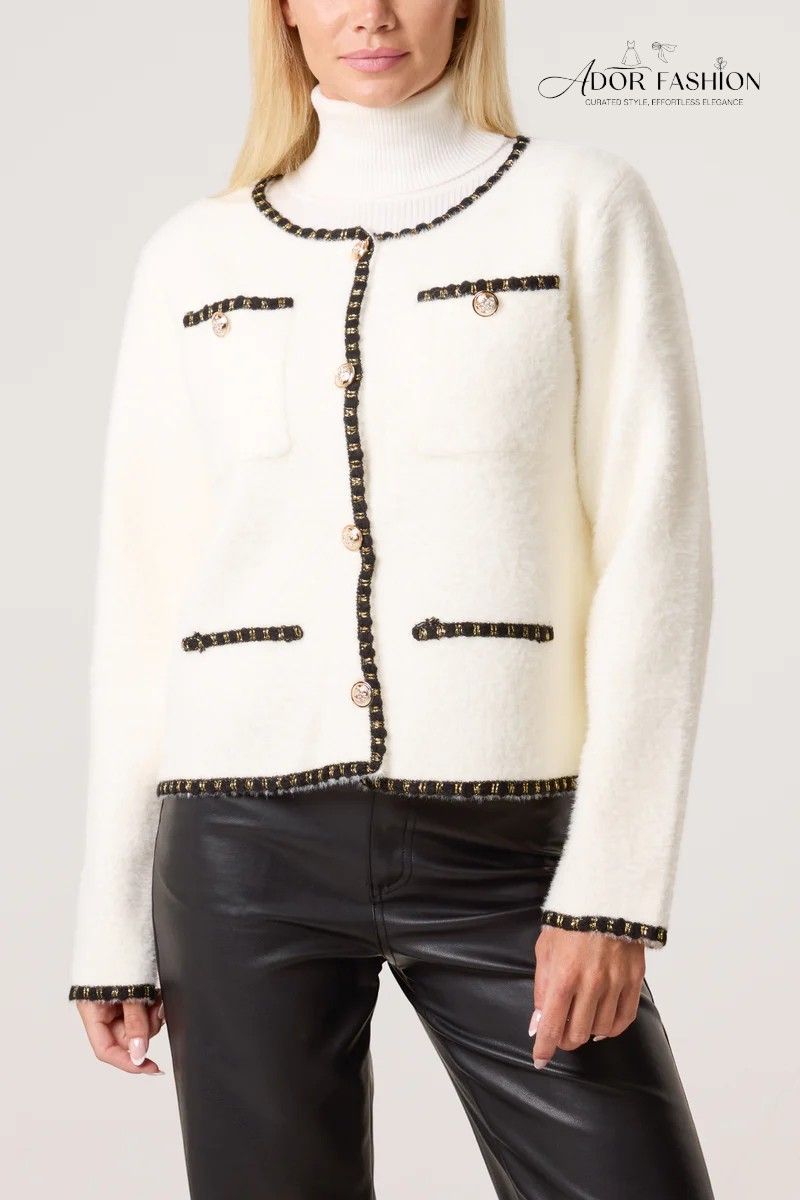 Plain Knit Contrast Trim Cardigan Plain Knit Contrast Trim Cardigan