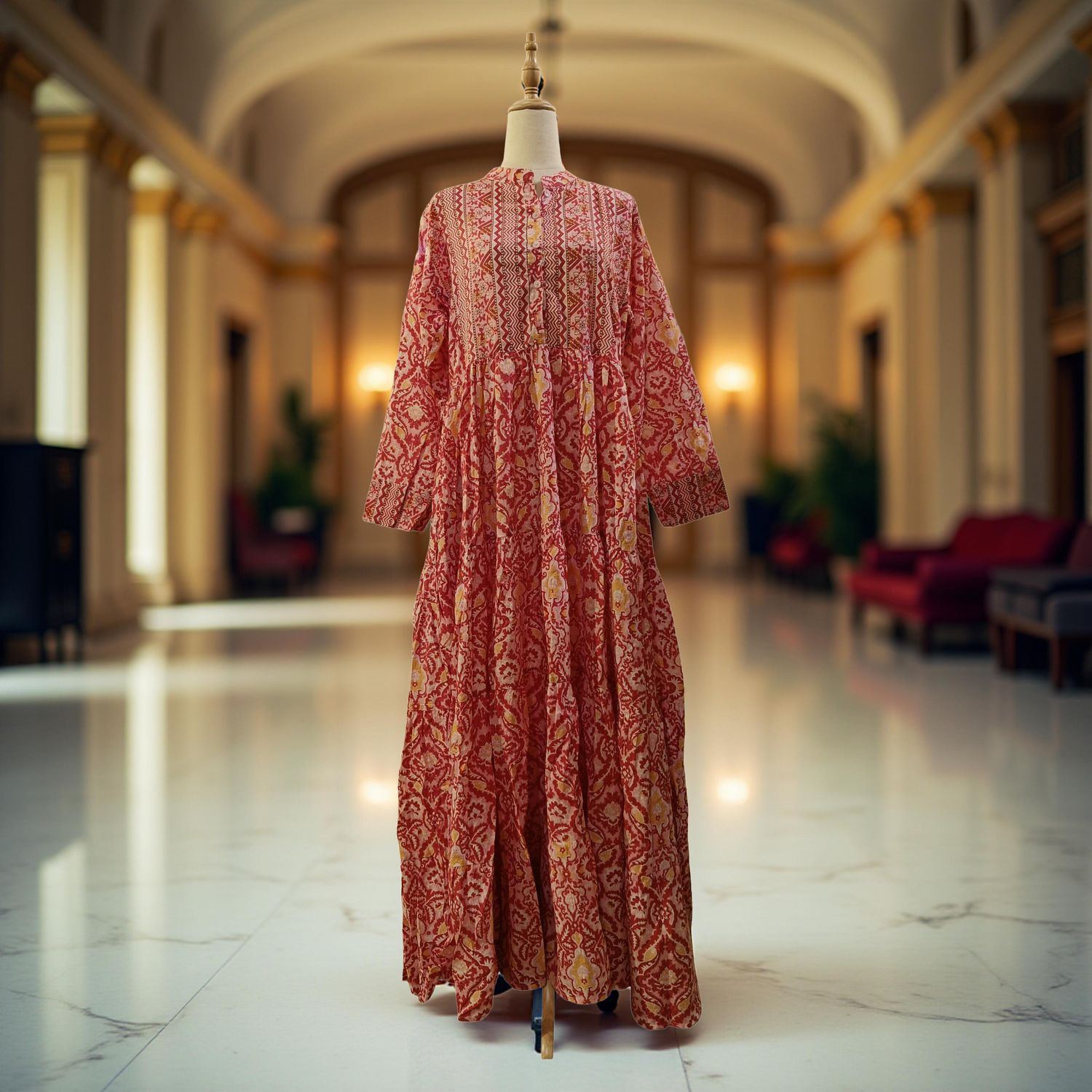 S/M  Safia Printed Cotton Dress 57" Long Jalabiya