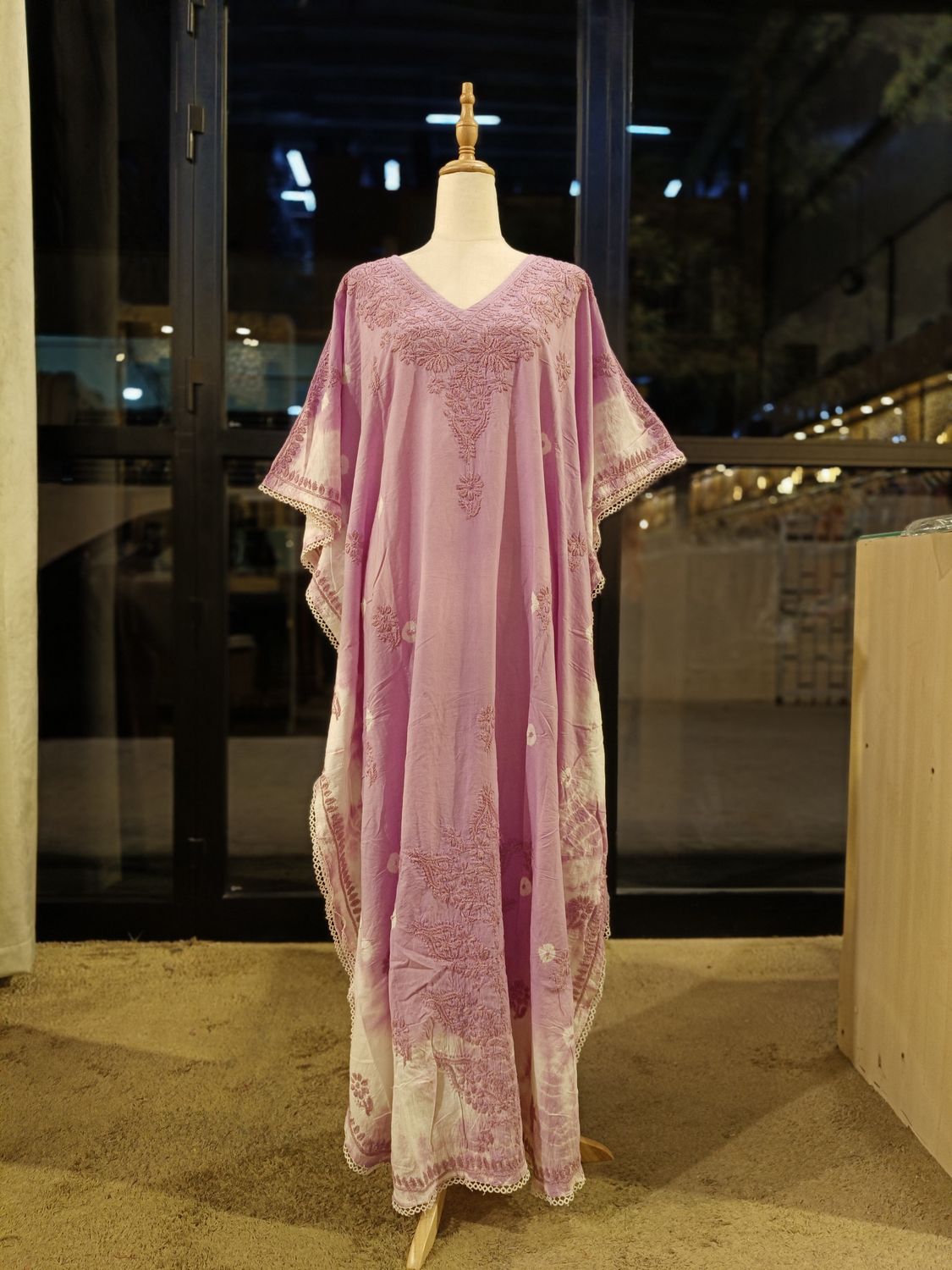 Free Size Farasha Embroidery Kaftan Cotton Dress 57" Long