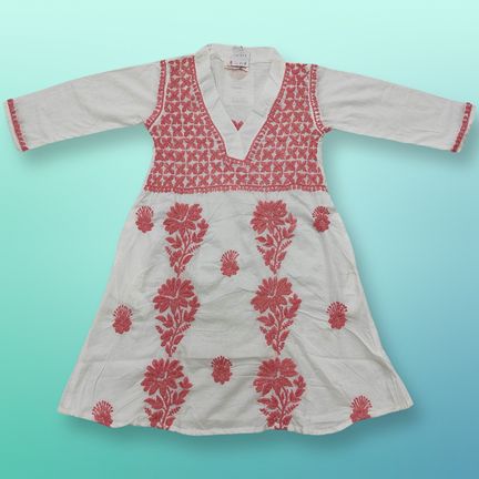 1-2 Year Teena Embroidery White Cotton Girls Dress 26" Long Jalabiya