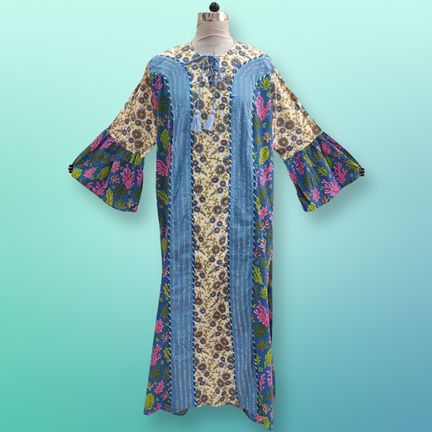 4XL/5XL Rimsha Crystal Multi Cotton Dress 56" Long Jalabiya