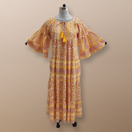 4XL/5XL Gaby Crystal Yellow Printed Cotton Dress 56" Long Jalabiya