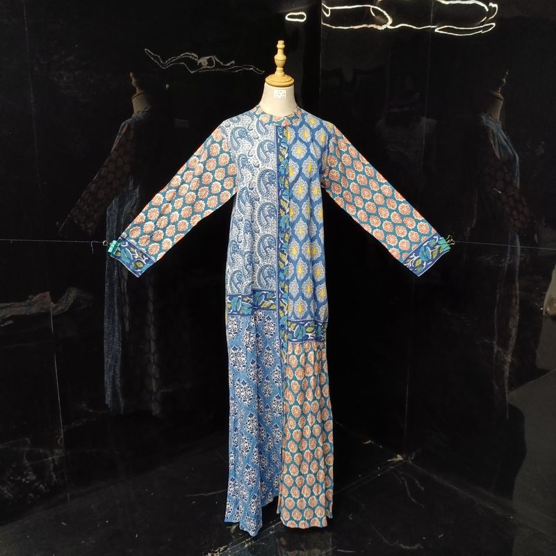 S/M Multi Aquamarine Printed Cotton Dress 57" Long Jalabiya