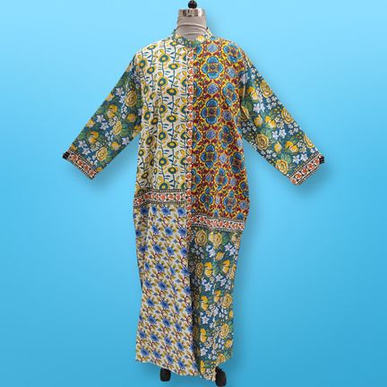 4XL/5XL Multi Aquamarine Printed Cotton Dress 57" Long Jalabiya
