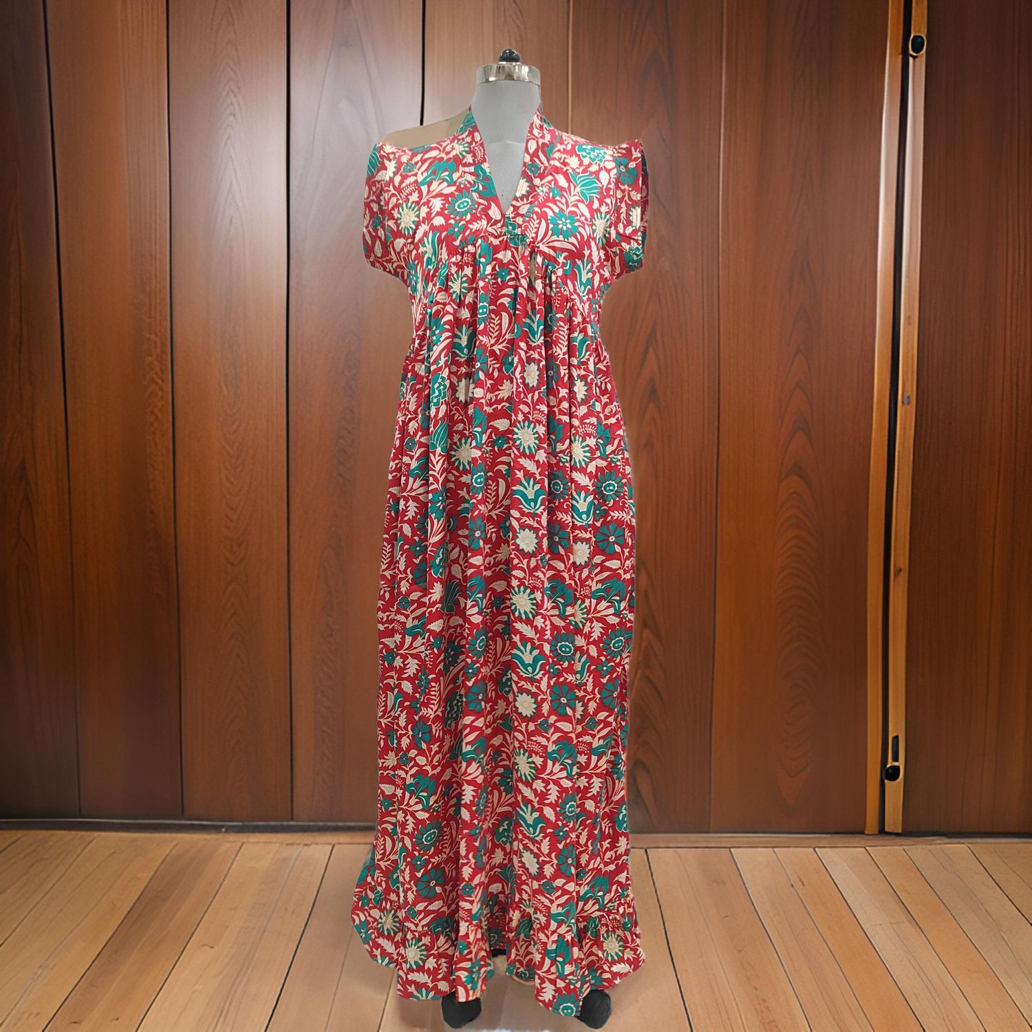 L/XL Satin Amani Printed Cotton Dress 57" Short Sleeves Jalabiya