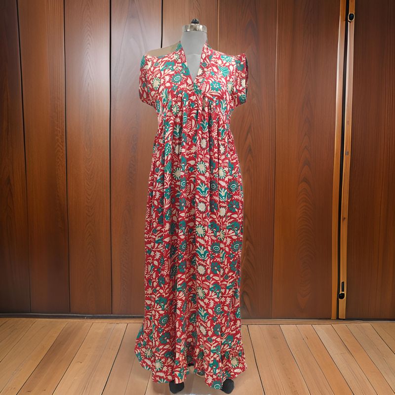 L/XL Satin Amani Printed Cotton Dress 57" Short Sleeves Jalabiya