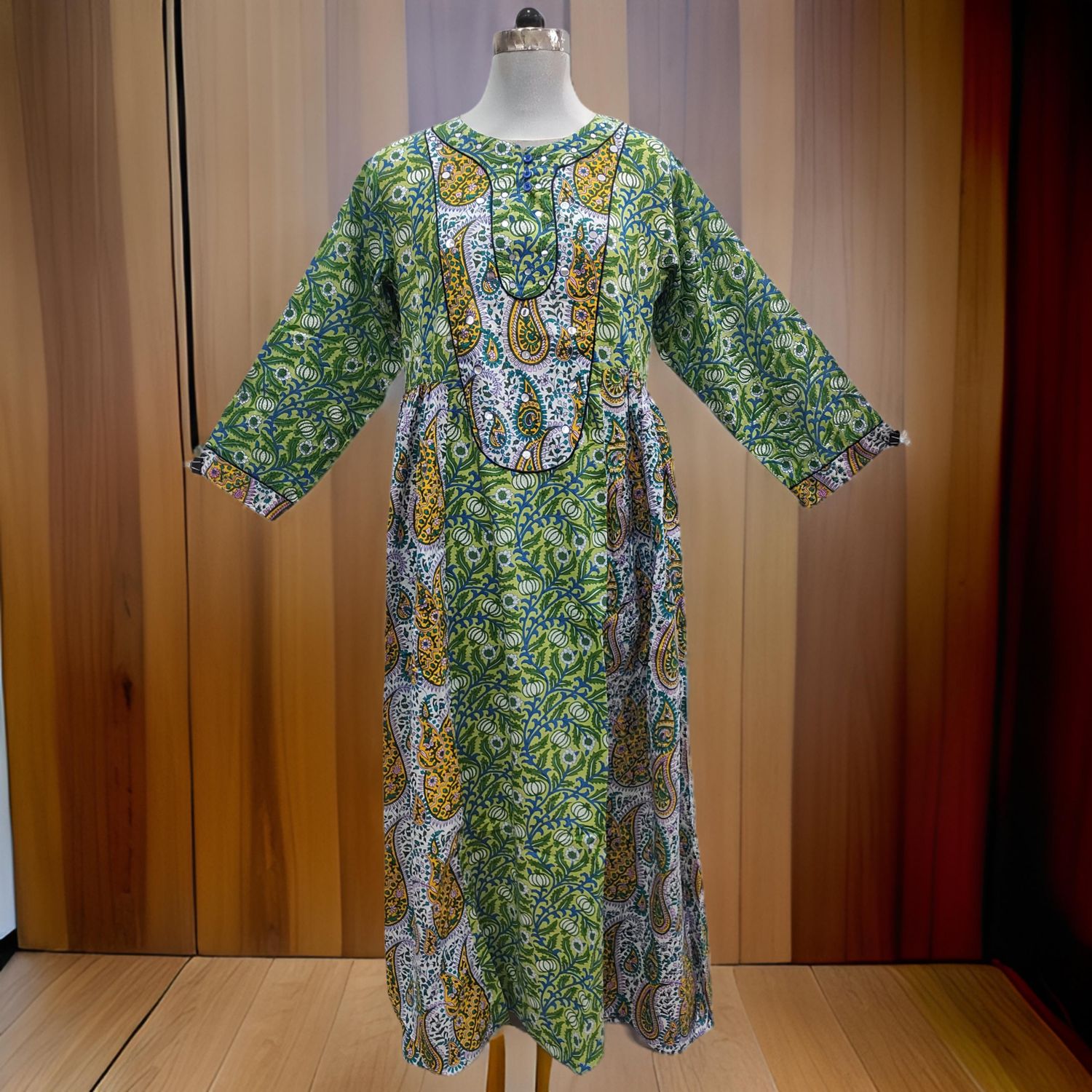 10-11 Year Green Printed Cotton Girls Dress 45'' Long Jalabiya