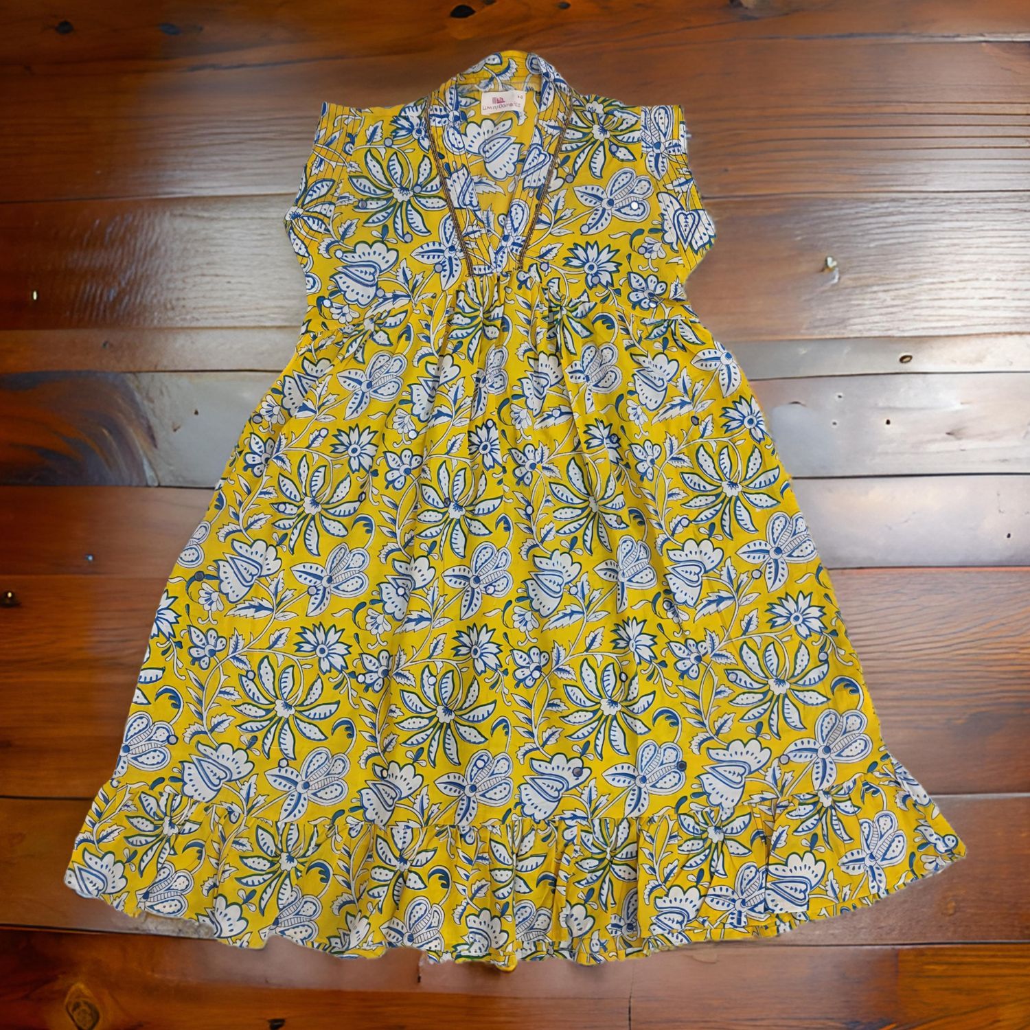 6-7 Year Yellow And White Amani Printed Cotton Girls Dress 38'' Long Jalabiya