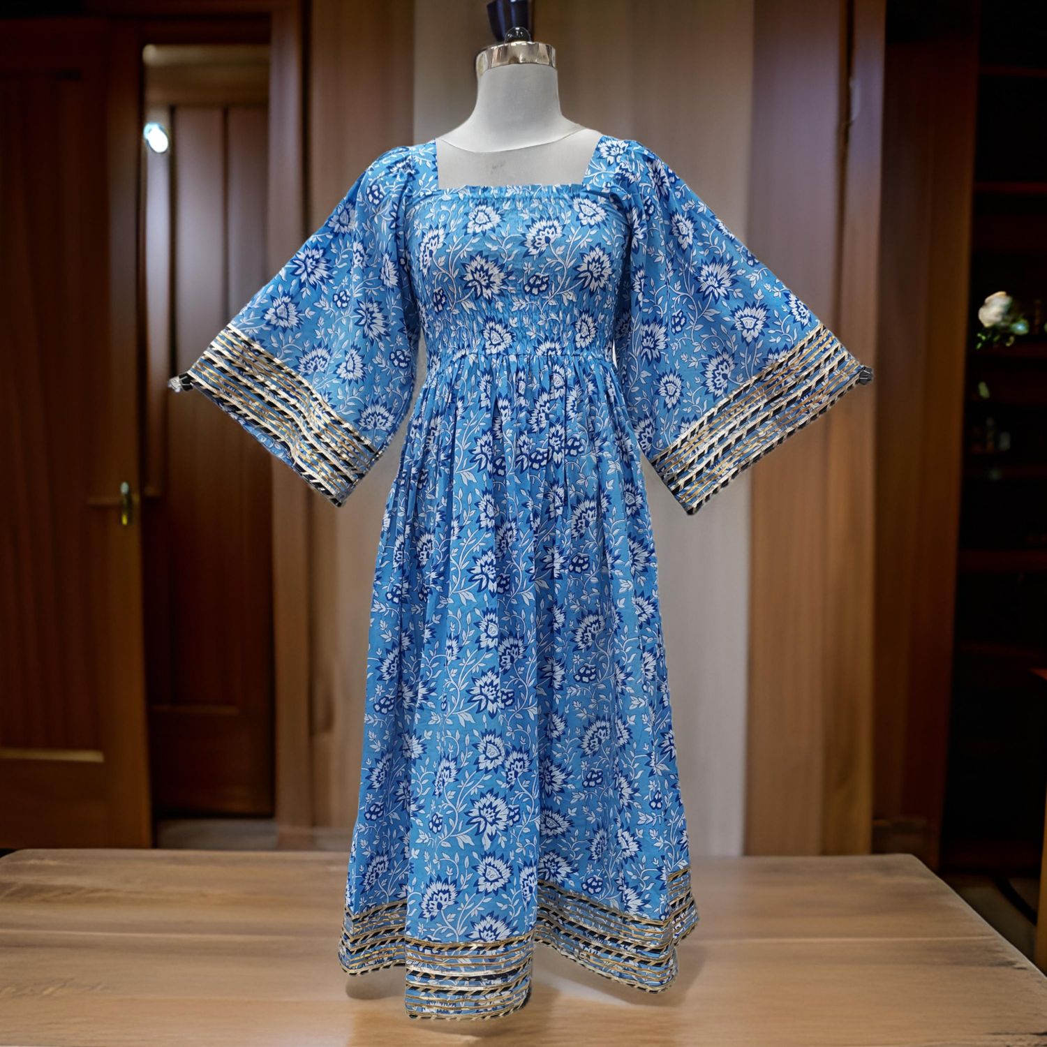 10-11 Year Blue Elzina Printed Cotton  Dress 46" Long Jalabiya
