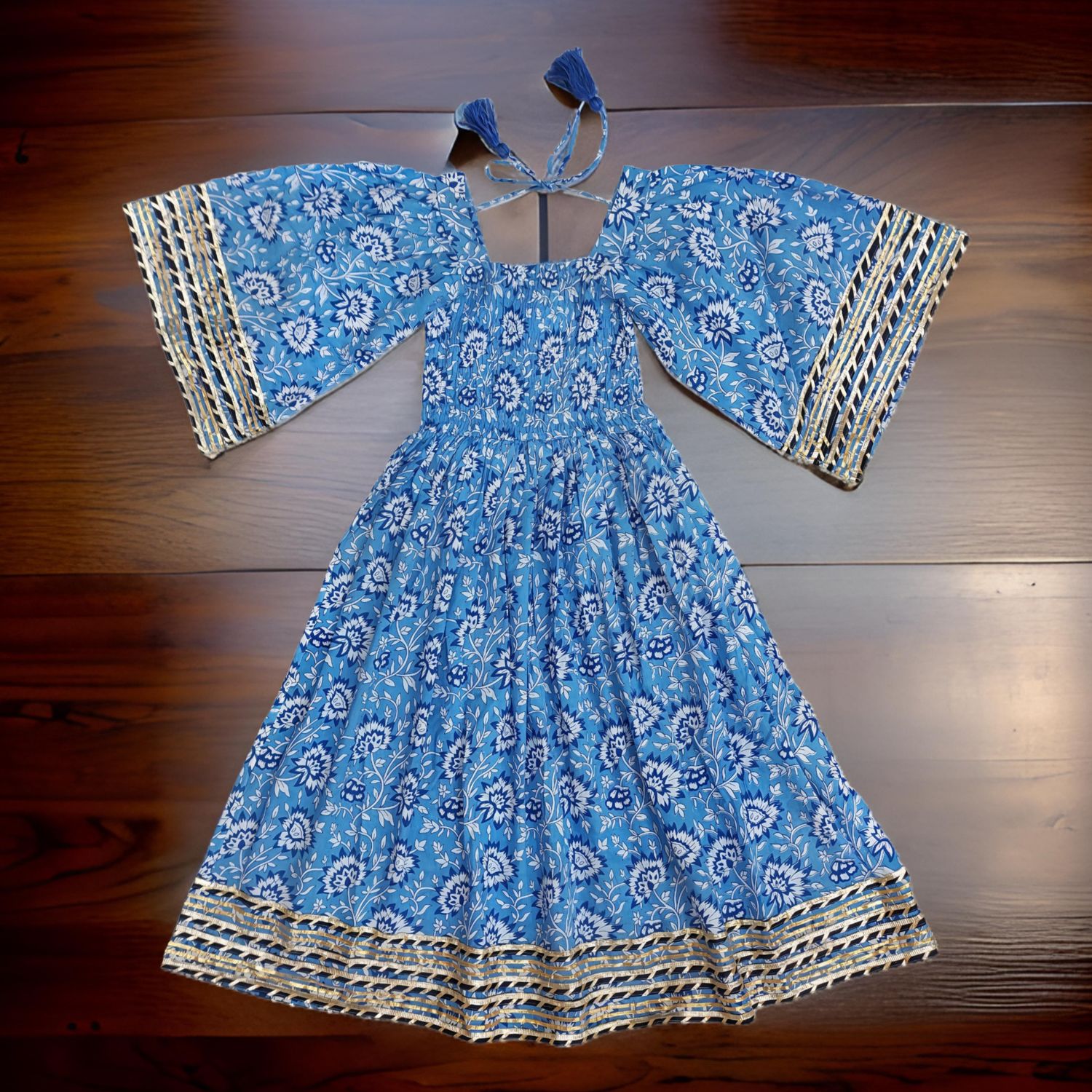 8-9 Year Blue Elzina Printed Cotton  Dress 42" Long Jalabiya