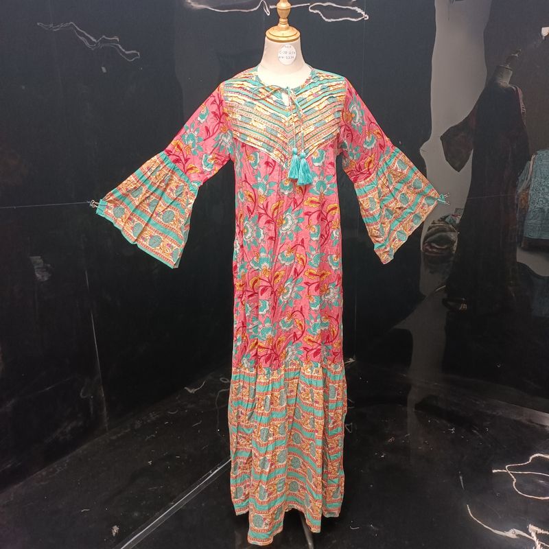 XS/S Adn Printed Cotton Dress 54" Long Jalabiya