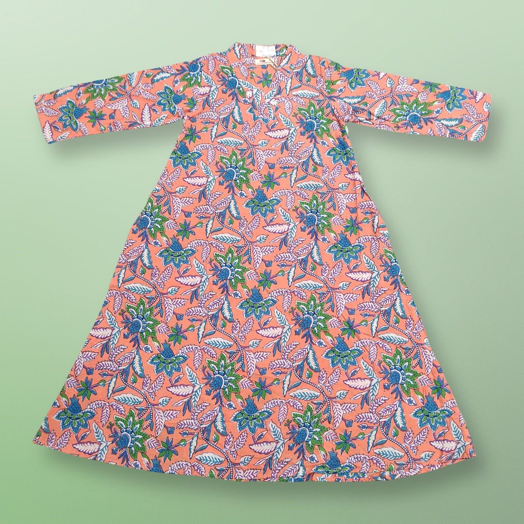 8-9 Year Teena Printed Cotton Girls Dress 41" Long Jalabiya