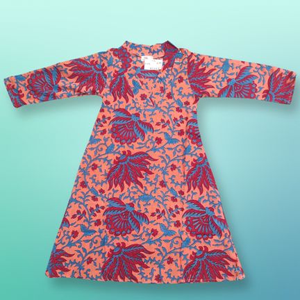 1-2 Year Teena Printed Cotton Girls Dress 26" Long Jalabiya