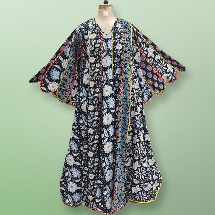 L/XL Meher Black Multi Printed Cotton Dress 57" Long Jalabiya