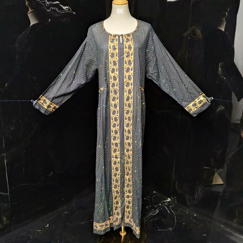 2XL/3XL Bhopali Crystal Black Golden Printed Cotton Dress 57" Long Jalabiya