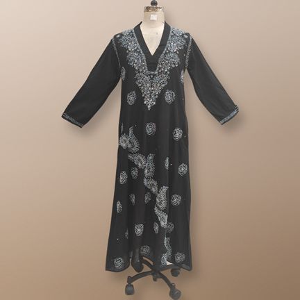 XS/S Teena Embroidery Black Plain Cotton Dress 54" Long Jalabiya