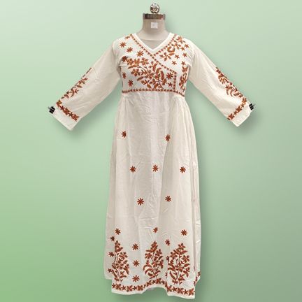 XS/S Lairah Embroidery White Cotton Dress 54" Long Jalabiya